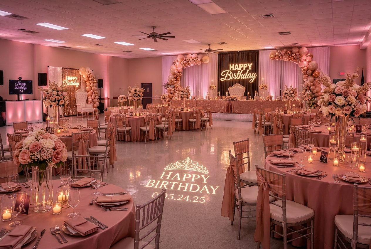 Rose gold birthday party at The Pillars